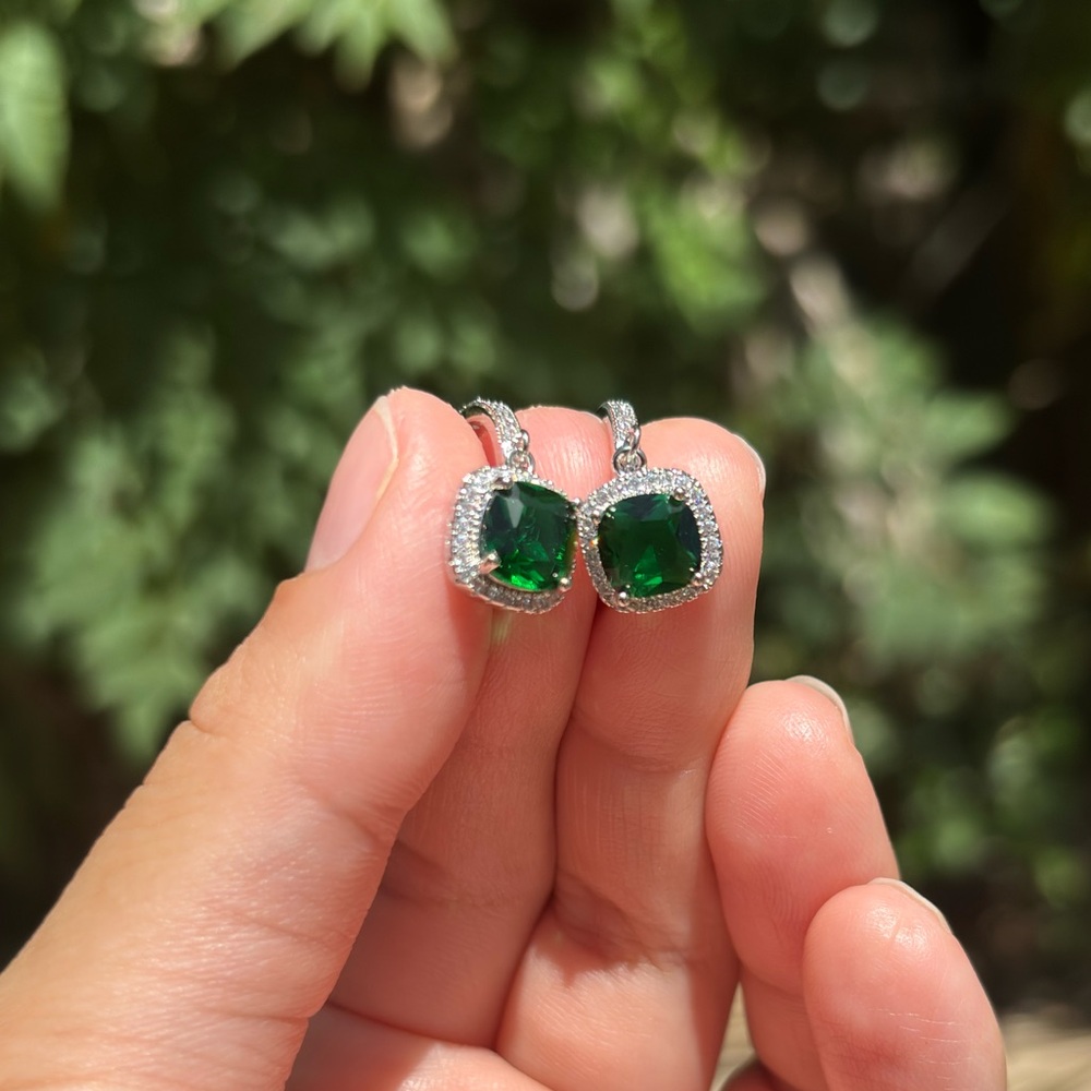 18K White Gold Plated Stainless Steel Emerald Green Diamond Dangling Earrings - Picture 4 of 7
